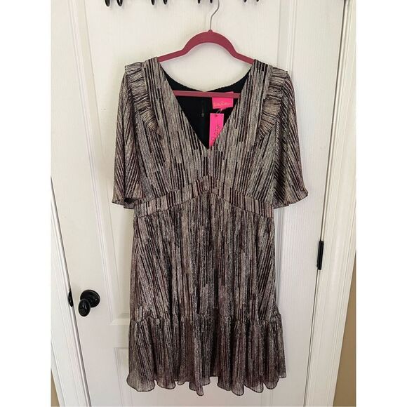 New Lilly Pulitzer Racheli Dress Gold Metallic Gold Metallic Rope Stripe Berry C - Picture 7 of 7